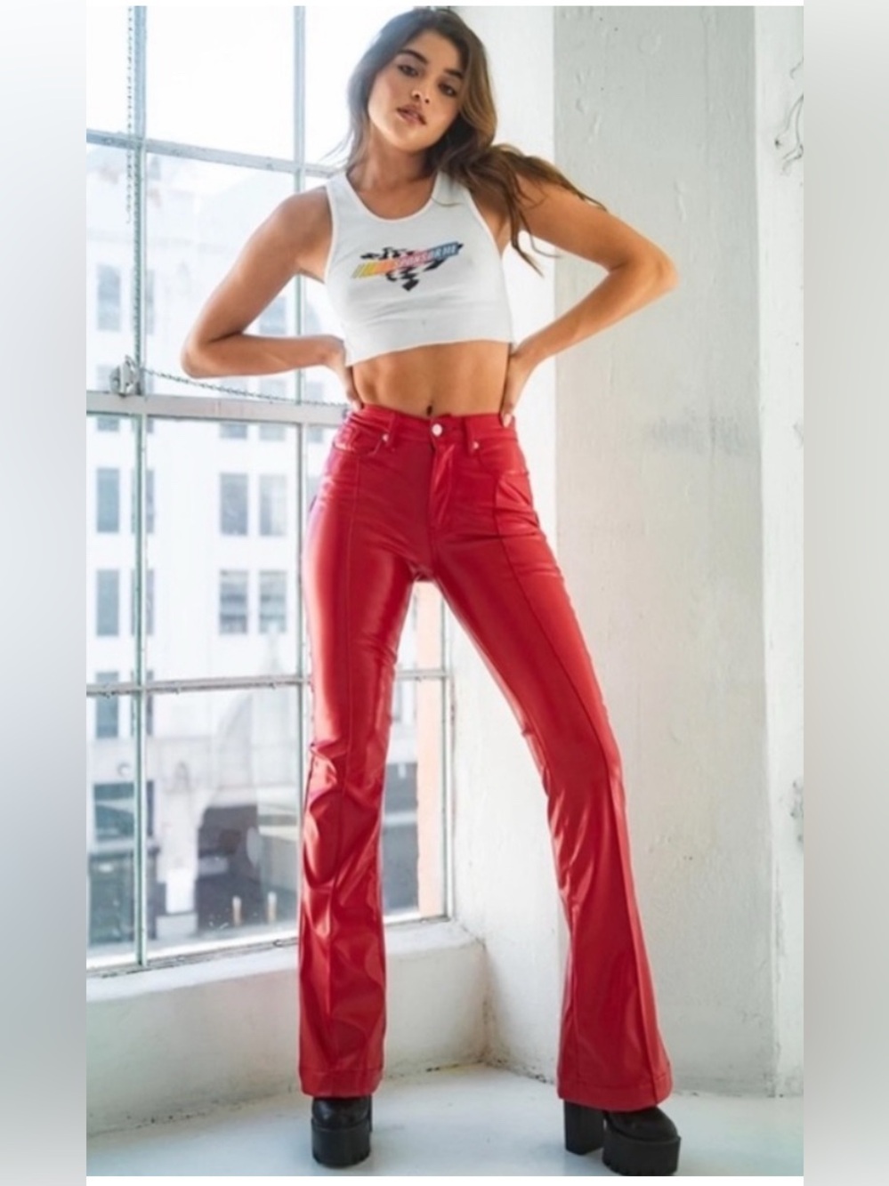 NEW Revice Denim Red Vegan Leather Starman Flares - Size 26 /US 2 - Picture 2 of 8